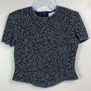 Vtg Papell Boutique Evening Black Silk Beaded Top Medium zipper short sleeves